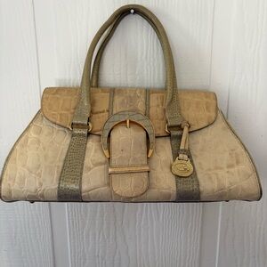 Vintage Brahmin Croc-Embossed Leather Satchel in Beige and Tan with Gold Hardwar